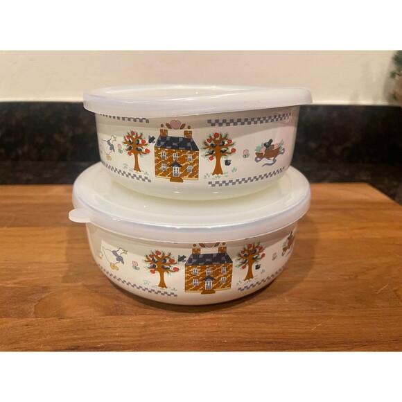 2 Country Design enamel bowls with lid - Picture 1 of 5